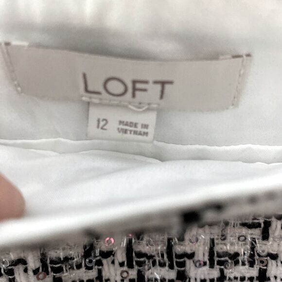 LOFT Tweed A-line Skirt 12 Black & White Plaid Metallic Sequin Preppy Academia - Picture 6 of 10